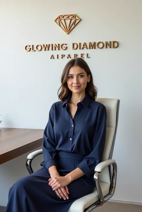 Generate a beautiful super realistic fashion office for a young and decently dressed Boss lady, with a minimalist aesthetics of a white background. There should be a logo of a glowing Diamond and a company name(Glowing Diamond Apparel)written on the wall. ...