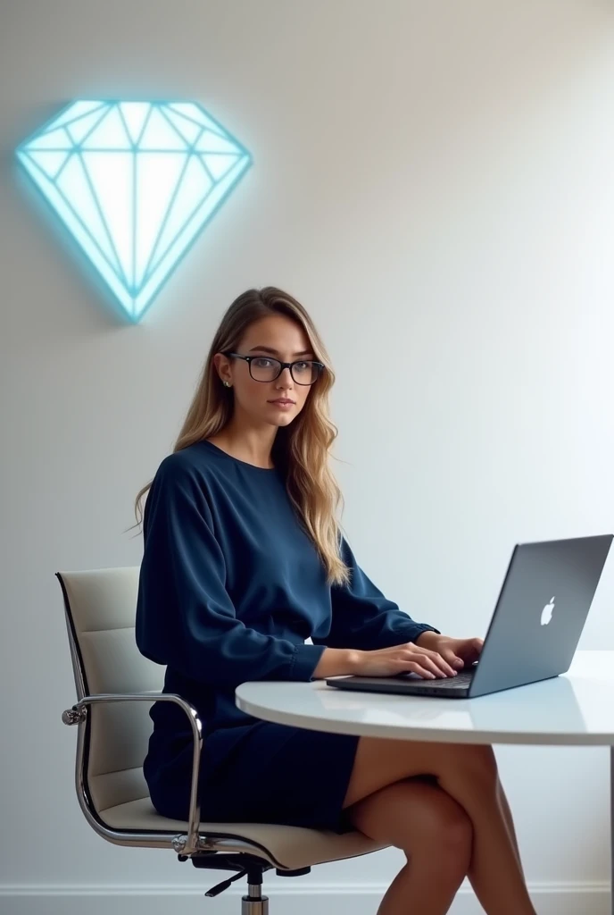 Generate a beautiful super realistic fashion office for a young and decently dressed Boss lady, with a minimalist aesthetics of a white background. There should be a logo of a glowing Diamond and a company name(Glowing Diamond Apparel)written on the wall. ...