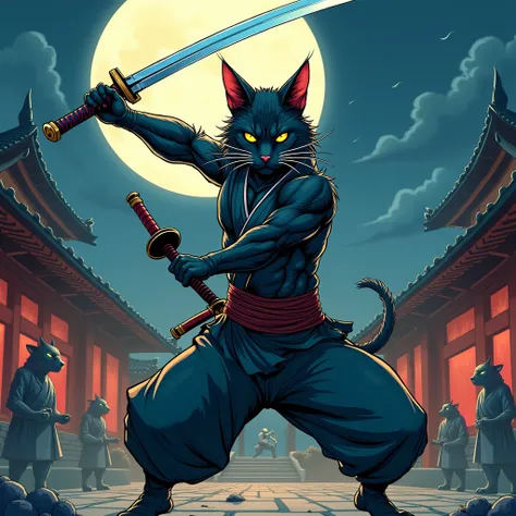 comics style, cat man, ronin clothes, well defined muscles, thin, furry, sharp claws, katana that shines like the sun, battle pose, night, korean temple background