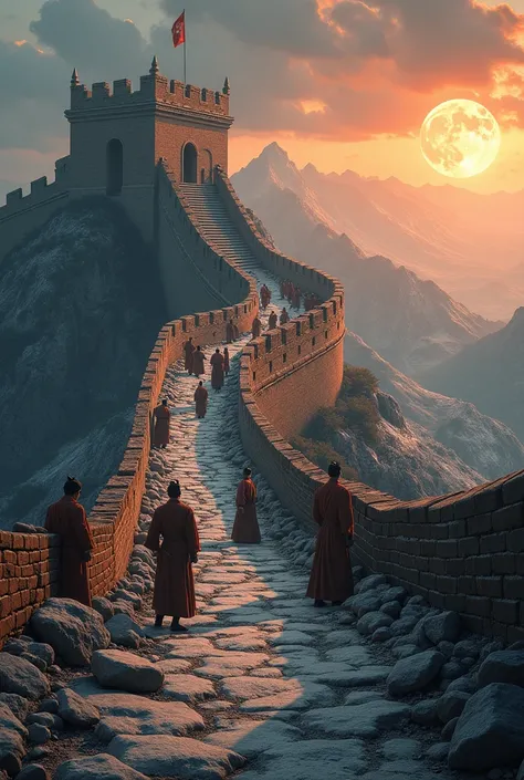 Create a vertical split-scene image of the Great Wall of China, showcasing two distinct historical and fictional events:

In the upper half of the image, depict ancient workers burying people within the foundation of the Great Wall of China during its cons...