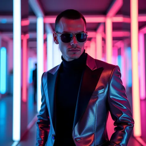  The image demonstrates style in a futuristic setting ,  shirt in a shiny metallic gradient blazer , sunglasses and a black .  The neon backdrop in this style gives the stage an elegant and modern atmosphere

