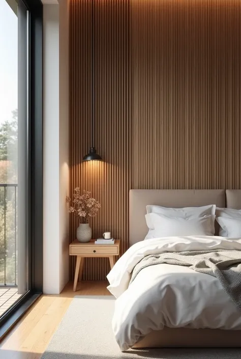 bedroom with slatted panel on the wall