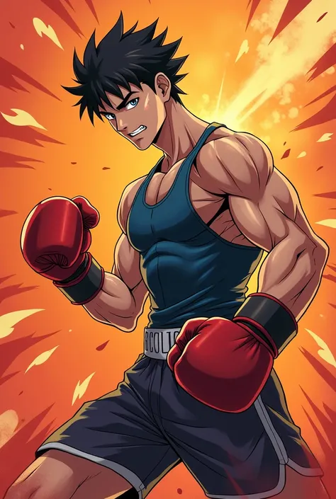 anime style, strong, young man, fighting pose, boxing, boxing gloves, shorts, tanktop, short hair, dynamic pose, athlethic