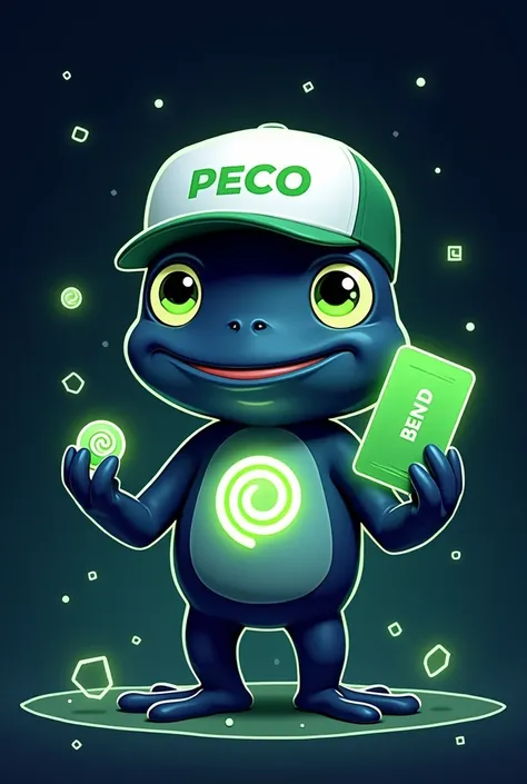 A humorous Pepe the Frog character reimagined in a sleek Bend-inspired corporate theme. The character has dark navy blue skin with a white spiral on its chest (resembling the Bend logo). It wears a modern curved white cap with "ECO" written in bold green t...