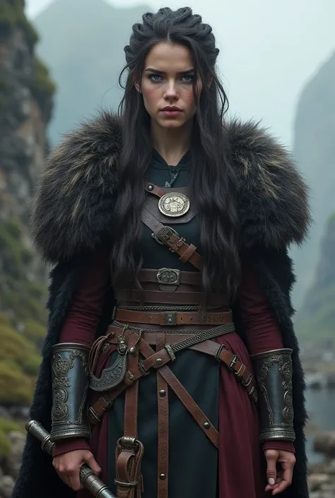 Une belle jeune femme guerrière vikings de sang royal avec plusieurs armes 
Habillé.  Elle a des tresse 