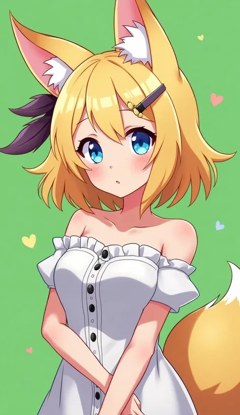 Girl, extravagant hairstyle, sexy eyes, long eye lashes, fox ears, fox tail, phoenix aura, Round breasts, tip hair been feathers. cute feather hairpin, side fox ears with feathers coming out, anime style. green background, blonded hair with blue eyes.