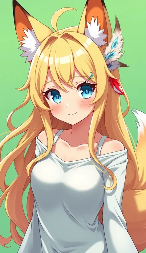 Girl, extravagant hairstyle, sexy eyes, long eye lashes, fox ears, fox tail, phoenix aura, Round breasts, tip hair been feathers. cute feather hairpin, side fox ears with feathers coming out, anime style. green background, blonded hair with blue eyes.