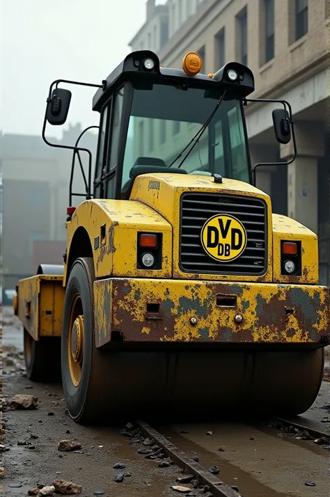 A road roller broken with Dortmund logo behind 