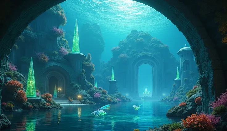 A mystical underwater dome preserving part of Atlantis, with lush vegetation, glowing buildings, and Atlanteans living in harmony with