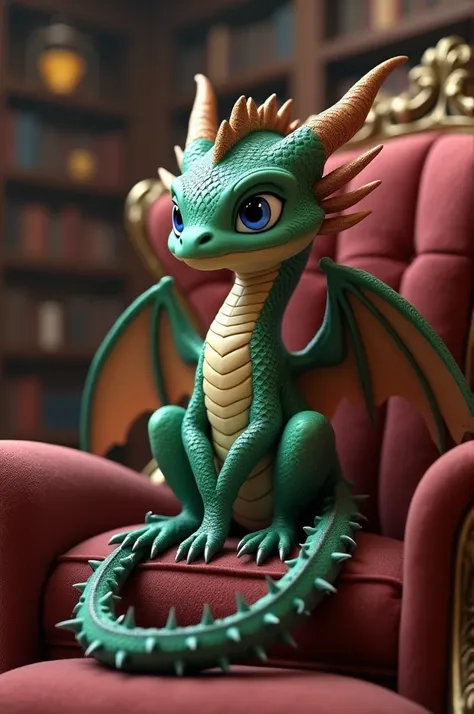 Create 3D image of a small dragon sitting on a chair waiting to eat