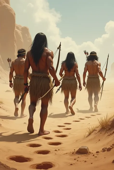 a group of four prehistoric humans carrying spears and bows with arrows walking across a desert plain in Peru on wet ground leaving their footprints in the mud