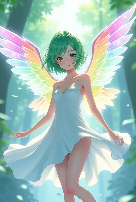 Female anime character ,  with short hair in the color green ,  and wearing a white dress I hope it fits,  and with a beautiful pair of colored wings ,