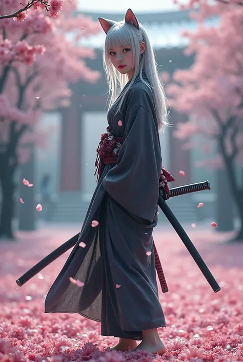 masterpiece, ultra detailed, 8k, photorealistic, 1 girl, beautiful detailed eyes, beautiful detailed lips, long thin eyelashes, droopy eyes, large iris:1.5, big iris:1.5, ((walking on the Sakura petal, full body)), ((snowing japanese temple with person on ...