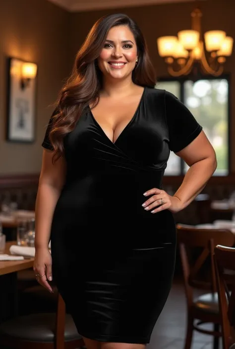 Tall curvy plus size mature 52 year old housewife, dress size 16-18, long brown hair, large breasts, large hips and thighs, black velvet knee length dress, standing in restaraunt
