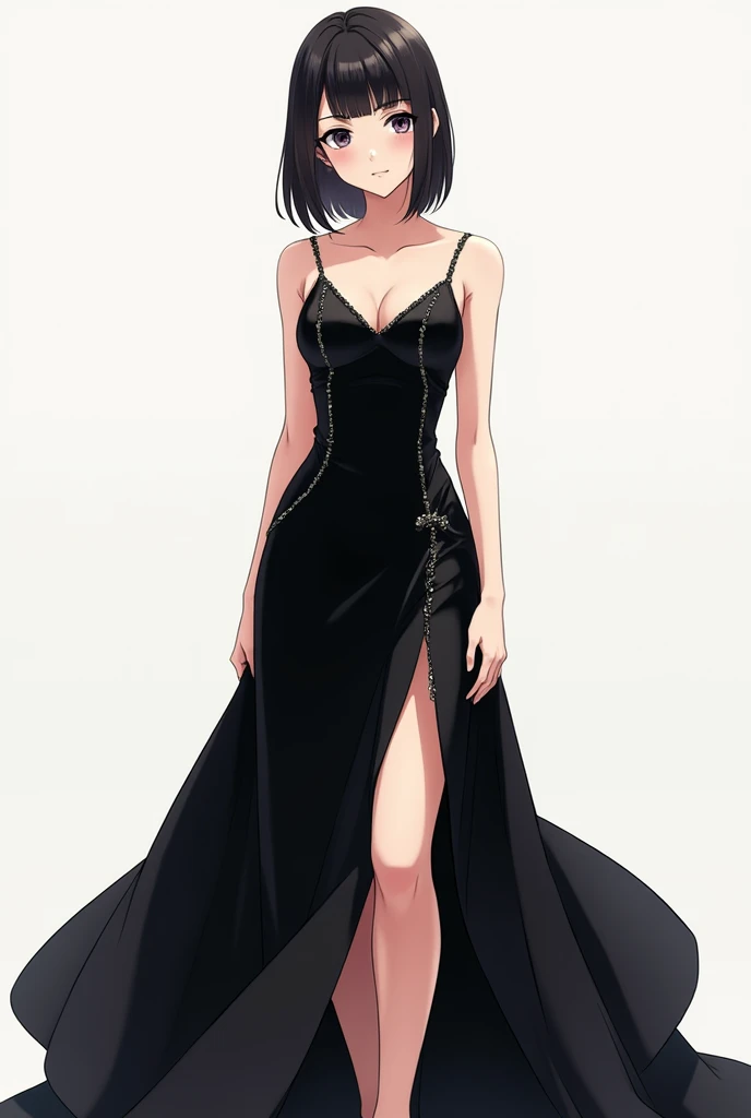 Generate me a tight black stylish long dress in anime style Let the girl wearing the dress face straight ahead