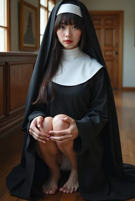 A Japanese girl is cosplaying as a nun and sitting with her legs open with her big breasts,  show me pussy, realistic photo shoot 