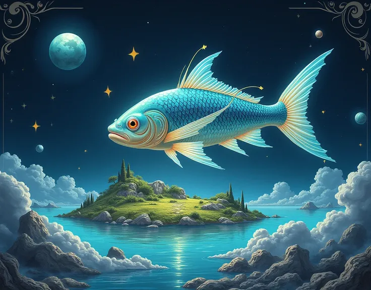 A cover book of a story about an island in the Moon and the magic fish