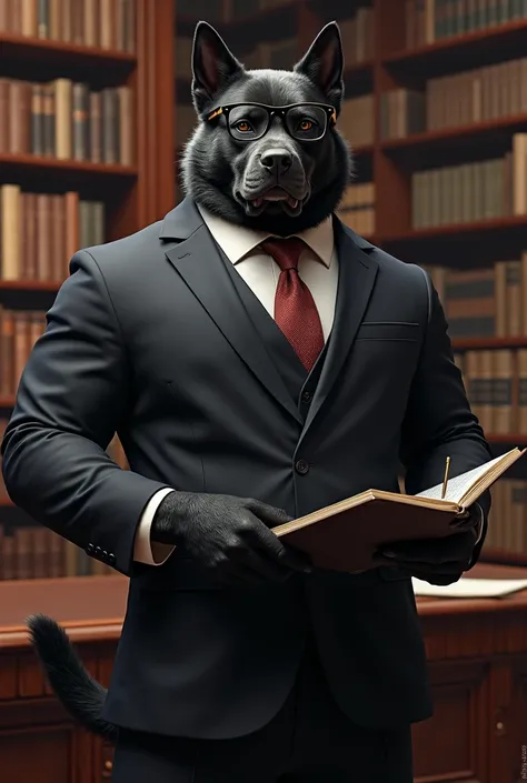 Muscular black dog with suit and reading glasses with notebook in hand 