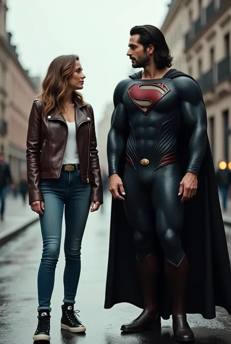  LOISE LANE with brown leather jacket , camisa blanca,  denim jeans and black sneakers ;  LOOKING SURPRISED AT SUPERMAN WITH LONG HAIR,  BLACK SUIT WITH THE LOGO OF THE FRIGHTENED  "S" SILVER COLOR and black cape .  ITS A RAINY AFTERNOON WITH GRAY SKIES . ...