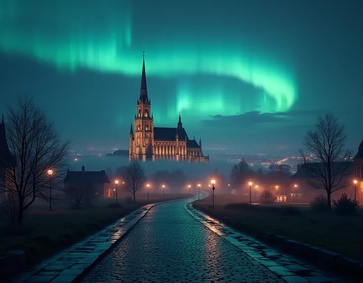 A hyperrealistic night cityscape with a distant view of Nidaros Cathedral in Trondheim, Norway. The scene features the aurora borealis glowing in the sky, cinematic lighting illuminating intricate architecture, and cobblestone streets in the foreground. A ...