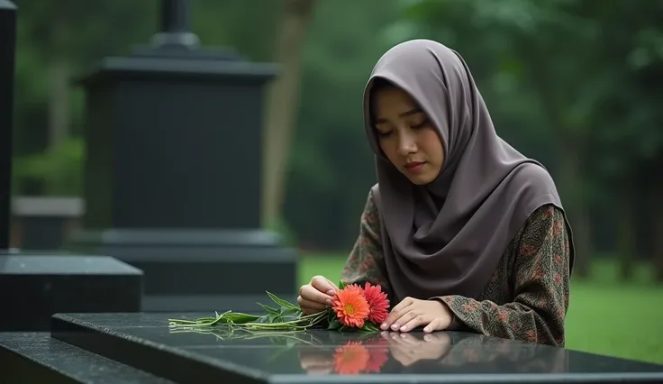 indonesian beautiful (( beautiful woman in hijab aged 20 , stood beside the grave of her deceased husband tearfully and laid flowers at his grave)),  Face of real Indonesians .  Tomb background , grave, pusara . 4k, 8K, HD, realistic.  Professional photogr...