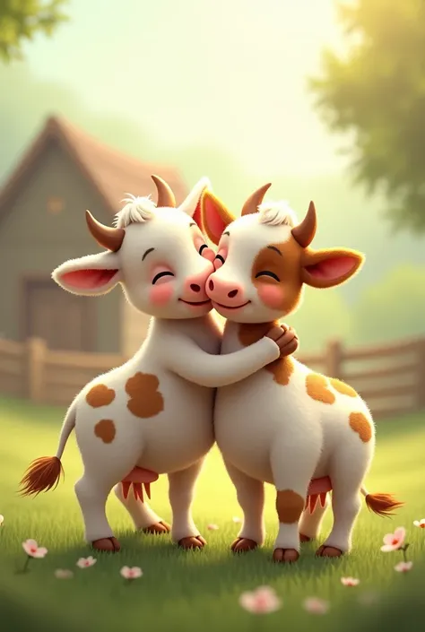 two cows hug greeting hugging