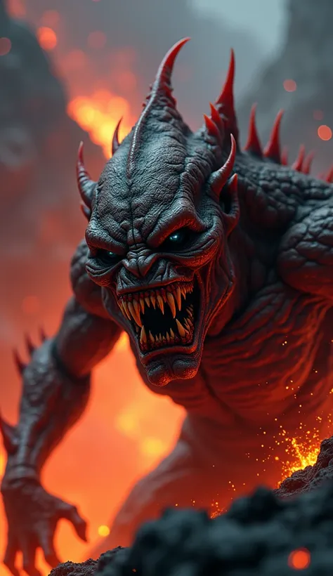  Monstrous Nightmare Facing Zipper Creepy Ultra-Realistic 8k Photorealistic Cinematic .lava volcano background 