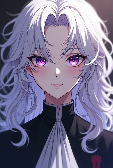 A white guy with white curly curls long to the chest and purple eyes in full face in a church uniform. Looks like a griffith. A cunning and charming anime man