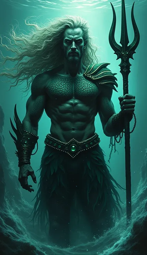 An evil version of Aquaman known as “The Drowned King.” His hair flows wildly, resembling seaweed, and his face is gaunt and weathered like a ghost of the ocean. His armor is dark green and black, encrusted with pearls and shells, and his trident is covere...