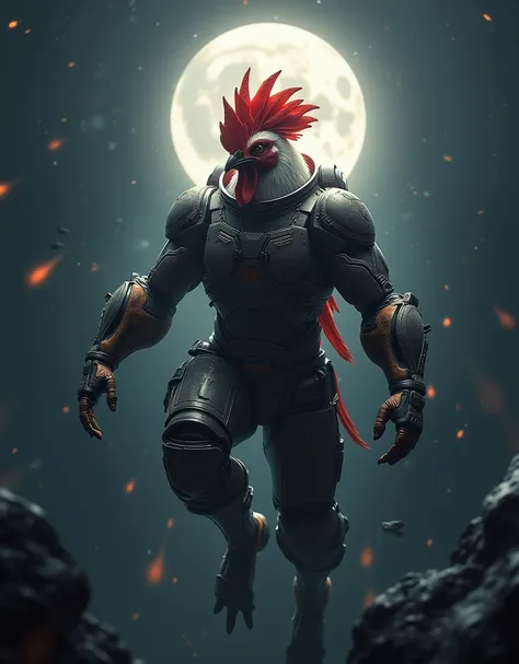  Mystical humanoid space rooster, wearing his helmetless spacesuit , In the background the moon,  floating in space, Doing a war pose