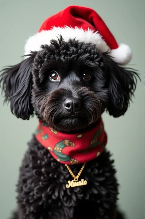  Black collared dog with lots of curls and Christmas hat, Christmas scarf and necklace that says Miquesito  