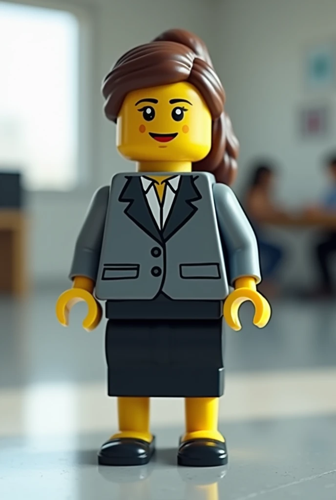 Generate a lego from an office woman, high,  with hair tied up 