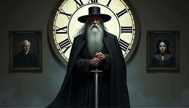  hands. The image is a digital illustration of an old man with a long white beard and a black hat .  The man stands in front of a large clock with Roman numerals and .  The man holds a sword in his right hand and appears to be looking at a distance and a s...