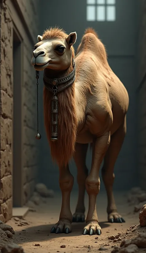 I sent a muscular and strong camel in a prison, very marked on the skin, with necklaces, 4K,