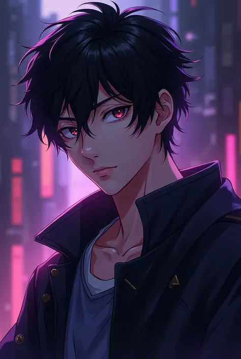 You can generate an anime-style image with purple and dark colors for a social network profile I am a creator of video game content on PC I want an anime style of a fair-skinned boy with black hair looking similar to sung jin woo from adult leveling only.