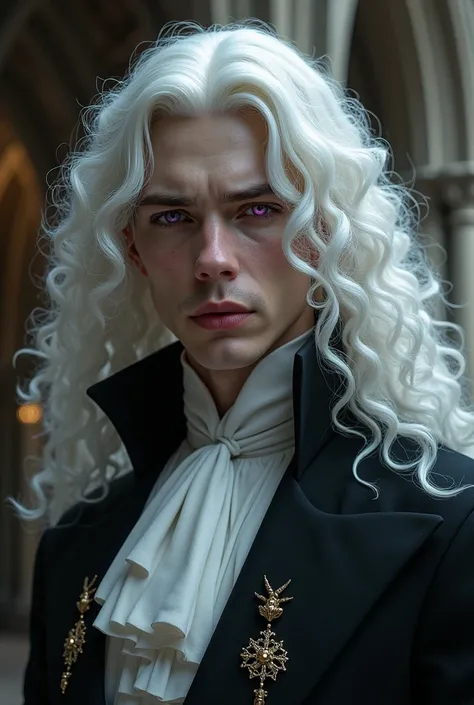 A white guy with white curly curls long to the chest and purple eyes in full face in a church uniform. Looks like a griffith. man хитрый и обаятельный полуреализм. man