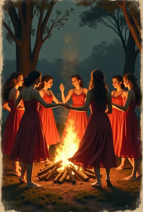  Old photograph of women dancing around a campfire (wearing red dresses )