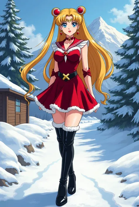 Draw an illustration of Sailor Moons full body. She is an attractive adult woman. She has long blonde hair, two pigtails combed to the side, and blue eyes. She has a curvy body. He is about 29 years old. She has red lips and evening makeup. She is a top mo...