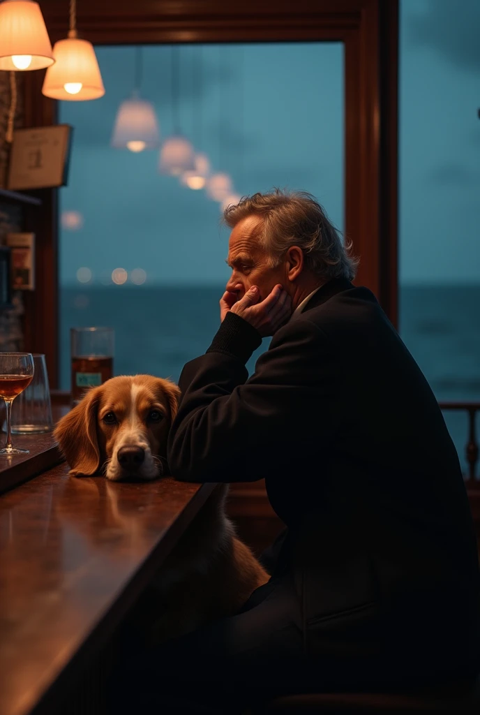 old white British man, 60 years old, very sad is sitting at a bar table without any patrons and looking through the window at the sea in the distance, it is late at night and she has her hands in her hair and seems to be crying desperately, on the table a ...