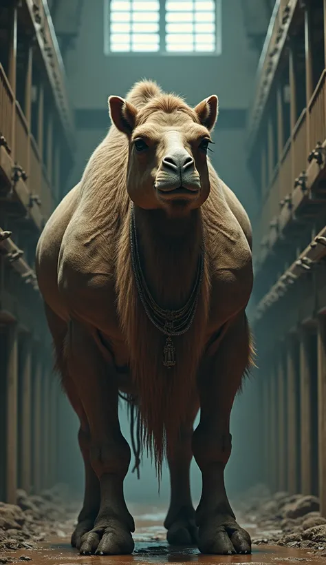 I sent a hybrid strong muscular camel into a prison, very scarred on the skin, with necklaces, 4K,