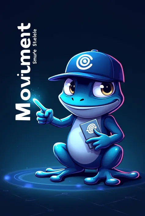 A digital illustration of a cartoon frog character in a dark blue theme resembling Pepe but uniquely styled. The character is positioned slightly to the right, with a confident and playful expression. Its eyes are large, bright white with black pupils, exu...