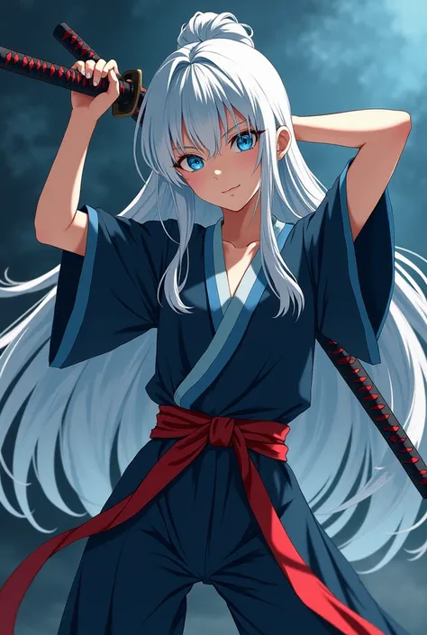  Girl with long silver white hair ,  with light blue eyes ,  with the drawing style of Kimetsu no Yaiba , a Pilar ,  with the costume similar to that of Mitsuri a little modified so that it is not so bare ,  with her arms in the air with scars on her arms ...