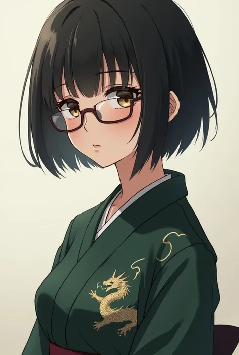 Female anime character ,  with short black hair , And the shy look , wearing glasses,  and also a dark green kimono ,  with dragon designs on the fabric, older 