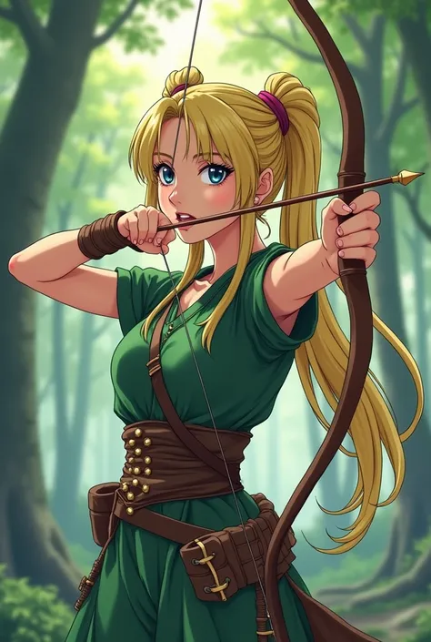  30-year-old archers apprentice , 30 years old, very beautiful and smiling .  definition ,  with a seductive look ,  Their clothes fit perfectly to her curvilinear body to the bow , In a position to throw , light skin,  of golden hair very long to the hips...