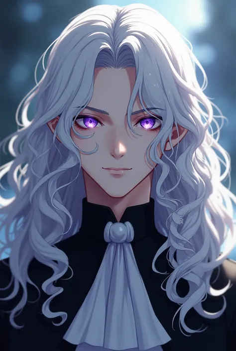  A white guy with white curly curls long to the chest and purple eyes in full face in a church uniform. Looks like a griffith. The man is cunning and charming semi-anime and semi-realism.  Man with long curls. Sly 