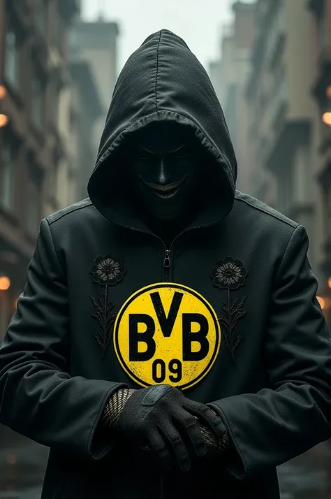 Create a png ,  image of the Borussia Dortmund coat of arms dressed as a thief 