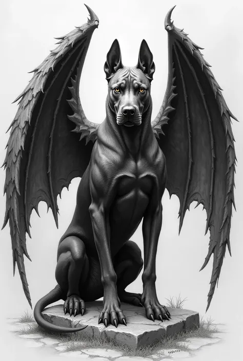 "A gothic black and white drawing of a winged Cerberus gargoyle with the physical traits of a Cane Corso, rendered in nuanced shades of gray with a charcoal and pencil sketch style. Semi-realistic and highly detailed, emphasizing the muscular build, croppe...