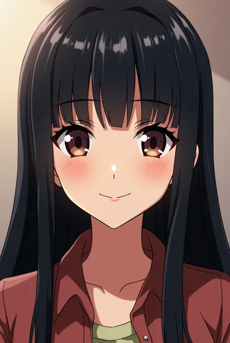 Masterpiece, best quality, {best quality}, {{masterpiece}}, {highres}, focus, anime style, a closeup of a cartoon of a woman, girl design, portrait, giesha, anime image, long hair, black hair, straight eyes, hair covering ears, happy, polished and powerful...