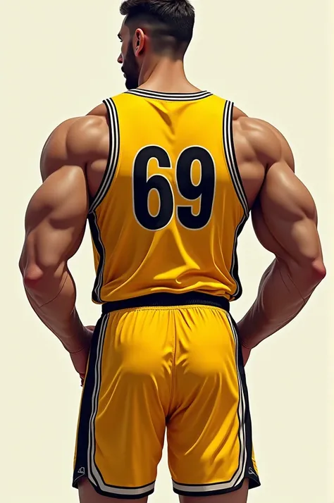 Muscular back man completely naked his butt wearing a yellow and black basketball jersey with the number #69 on the back