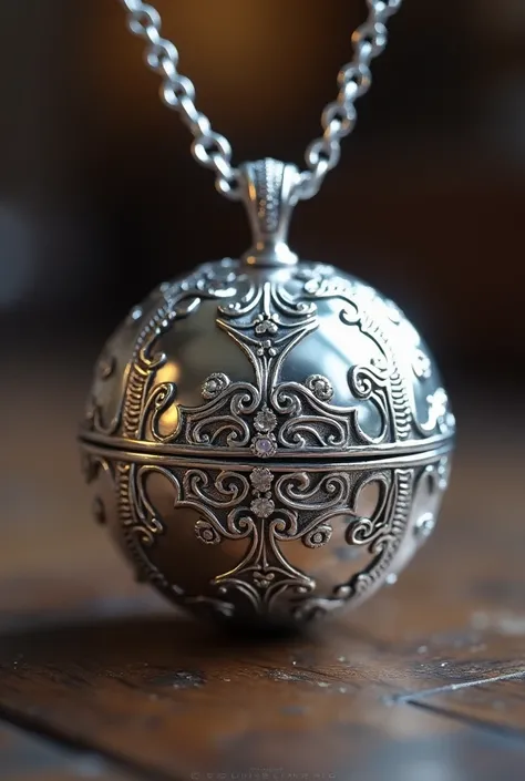 A small, spherical, ornately carved locket made of a polished silver material. 